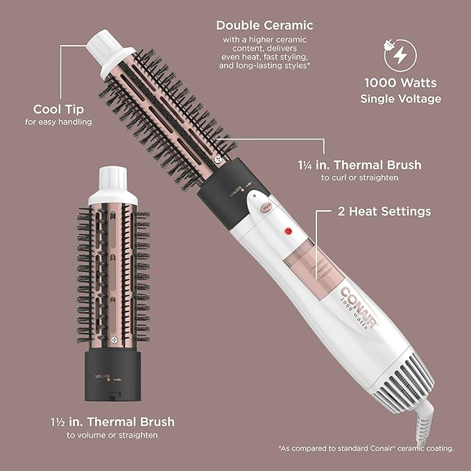 Conair Double Ceramic 2-in-1 Hot Air Brush, 1000W, Interchangeable 1¼" & 1½" Thermal Brushes for Voluminous Curls & Straight Styles, Hot Brush for Fine & Thick Hair