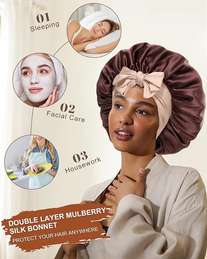 Mulberry Silk Bonnet Sleeping Women Curly Hair Bonnets Tie Band Double Layer Reversible Sleep Bonnet Silk Hair Wrap Sleep Cap