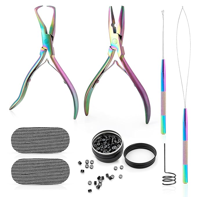 Gomake Microlinks Hair Extensions Kit, Hair Extension Closer and Removal Pliers, Micro Beads Pulling Hook & Microbead Loop Tool, Micro Links Silicone Rings Bead 200PCS(Rainbow)