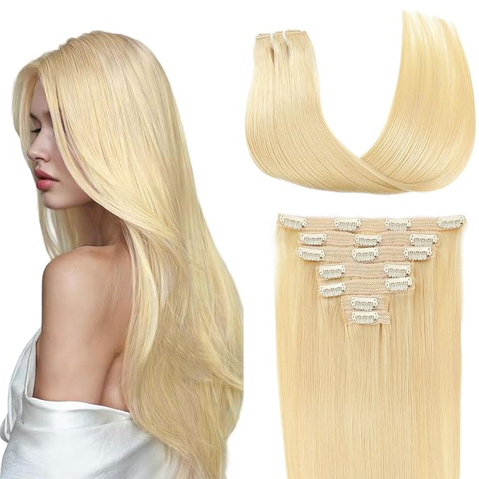 Clip in Hair Extensions Real Human Hair Bleach Blonde 20 inch 7pcs 80g/Pack, Human Hair Clip in Extensions, Salon-Grade Quality, Easy Comfort Wear for Women (#613, 20 inch)
