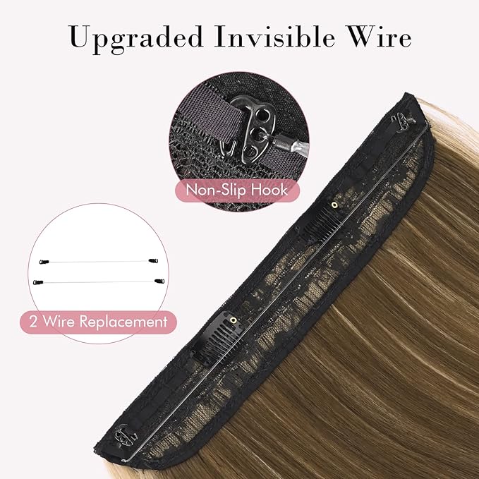 REECHO Invisible Wire Hair Extensions with Transparent Headband Adjustable Size Removable Secure Clips in Straight Secret Hairpiece for Women (Chocolate Brown with Golden Blonde Highlights)