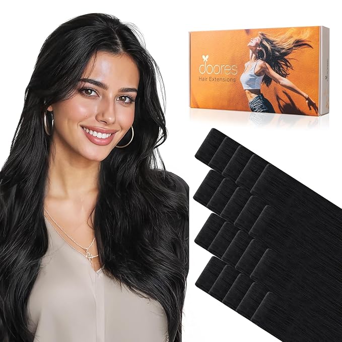 DOORES Seamless Tape in Hair Extensions Invisi Edge, Jet Black 10 Injection Tape-ins with 10 Injection Tape-ins 50g 16 Inch, Virgin Human Hair Injected Tape in Extensions Straight