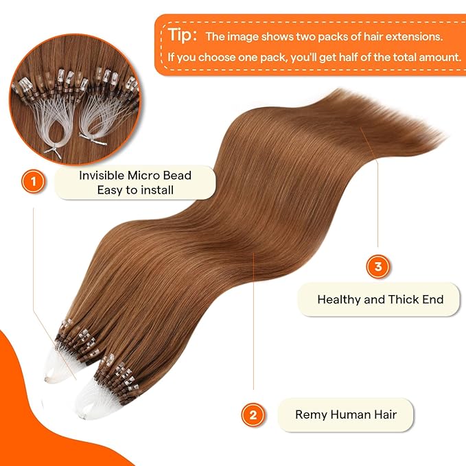 Full Shine Microlink Hair Extensions Human Hair 24 Inch Straight Long Remy Hair Color 330 Copper Brown Micro Loop Hair Extensions Human Hair 50G with 7G Micro Beads Invisible Prebonded Extensions