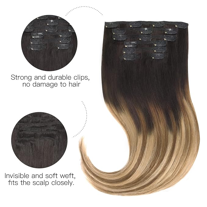 HOTBANANA Human Hair Clip in Hair Extensions, Dark Brown to Chestnut Brown and Dirty Blonde Highlighted 120g Clip in Hair Extensions Real Human Hair Straight Remy Hair 18 Inch 7pcs