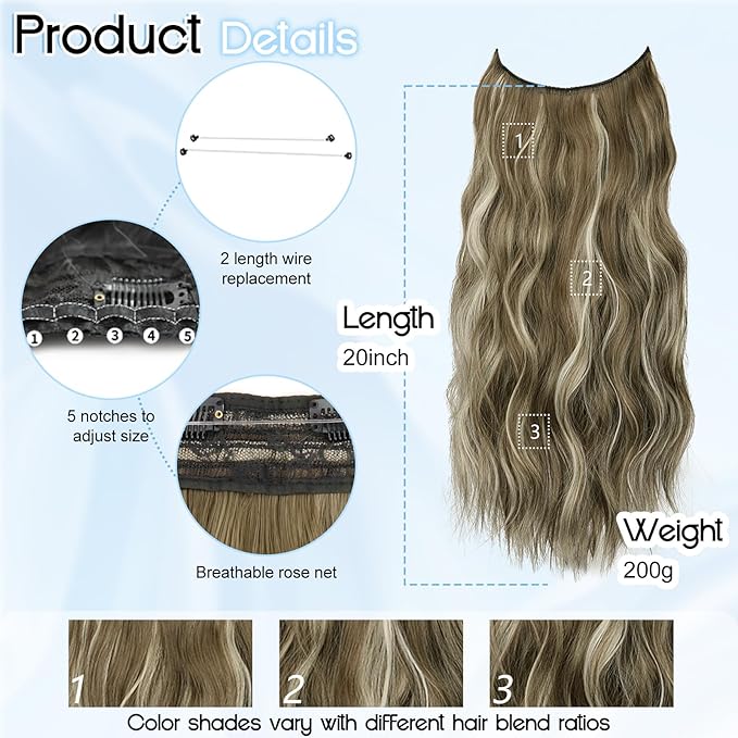 Ash Medium Brown Highlights Invisible Wire Hair Extensions Long Wavy Synthetic Hairpiece with 4 Secure Clips for Women 20 Inch Clip in Hair Extensions
