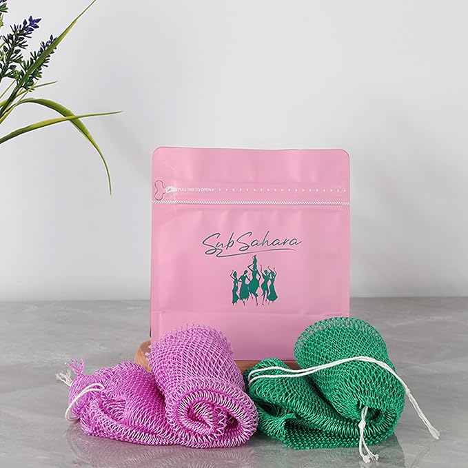 SubSahara African Net Sponge Authentic - 2 Pieces Exfoliating Scrubber for All Skin Types, Ideal for Face & Body Daily Use, Durable, Gentle Exfoliation (Rose Purple & Big Green)
