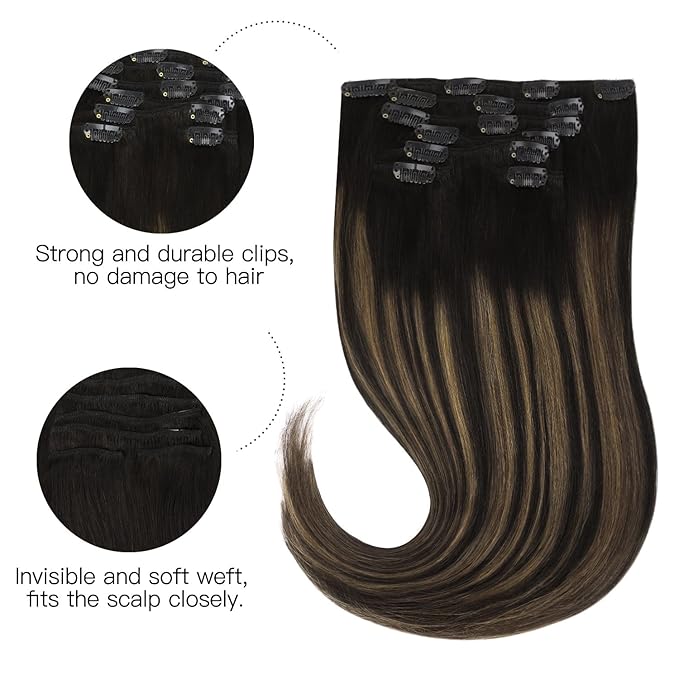 HOTBANANA Human Hair Clip in Hair Extensions, Balayage Natural Black to Chestnut Brown 120g Clip in Hair Extensions Real Human Hair Straight Remy Hair Clip Ins Dark Roots Ombre 22 Inch 7pcs