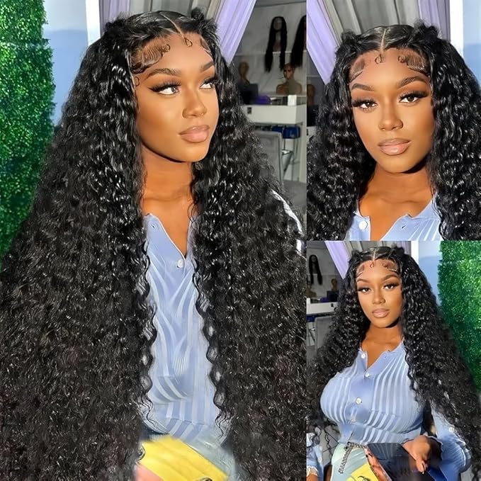 LICHANG Deep Wave 4x4 Transparent Lace Front Wigs Human Hair for Black Women Pre Plucked 180% Density Nature Color 24 Inch
