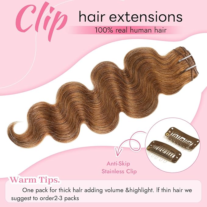 Clip in Hair Extensions Real Human Hair Body Wave 30 Auburn Ginger Clip in 100% Brazilian Remy Human Hair Extensions 8pcs Per Set with 18 Clips Double Weft 24 Inch 120g/3.6oz