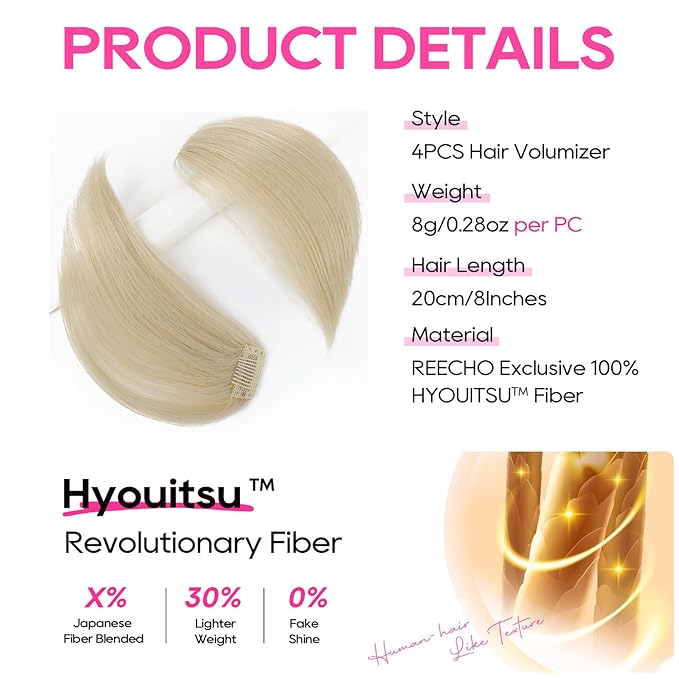 REECHO Clip in Hair Volumizer, Short Thick Clip in Hairpieces Adding Extra Hair Volume Extensions for Women with Thin Fine (Light Blonde, 8 Inch(Pack of 4))