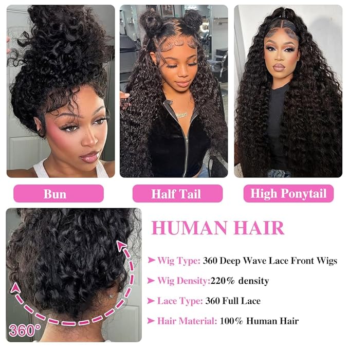 Hidden Strap 360 Deep Wave Lace Front Wigs Human Hair 220% Density 360 Glueless Wigs Human Hair with Drawstring 360 Deep Wave Curly HD Full Lace Front Wigs Human Hair Pre Plucked 24 inch