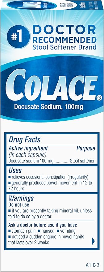 Colace Stool Softener 100 mg, 60 Capsules, Constipation Relief, Docusate Sodium, Gentle Docusate, Stimulant-Free, Regular Strength, #1 Doctor Recommended Stool Softener Brand