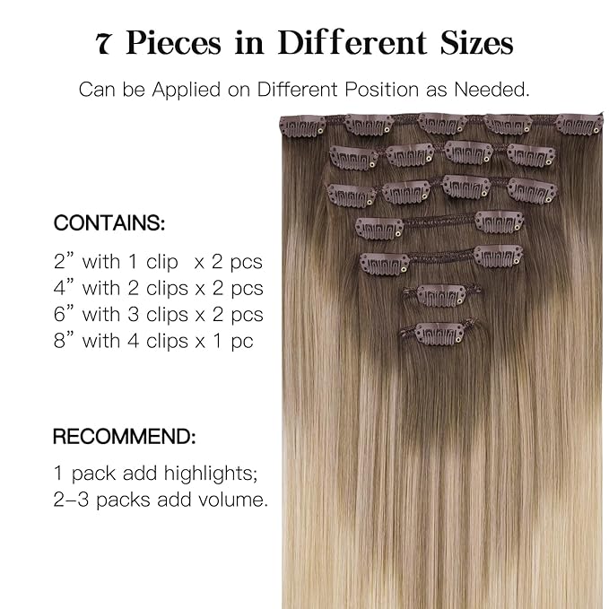 HOTBANANA Human Hair Clip in Hair Extensions, Balayage Caramel Blonde Hair Extensions 120g Real Human Hair Straight Remy Hair Clip Ins 20 Inch 7pcs