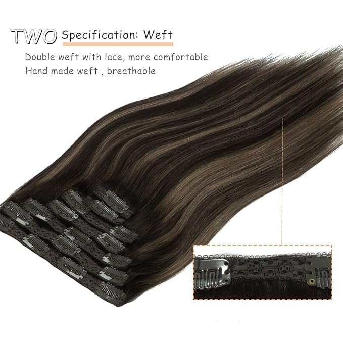 Caliee Clip in Hair Extensions Real Human Hair 100% Remy Human Hair Clip in Hair Extensions R1B-1B/6A Natural Black to Light Chestnut Brown Invisible Lace Weft for Women 18Inch