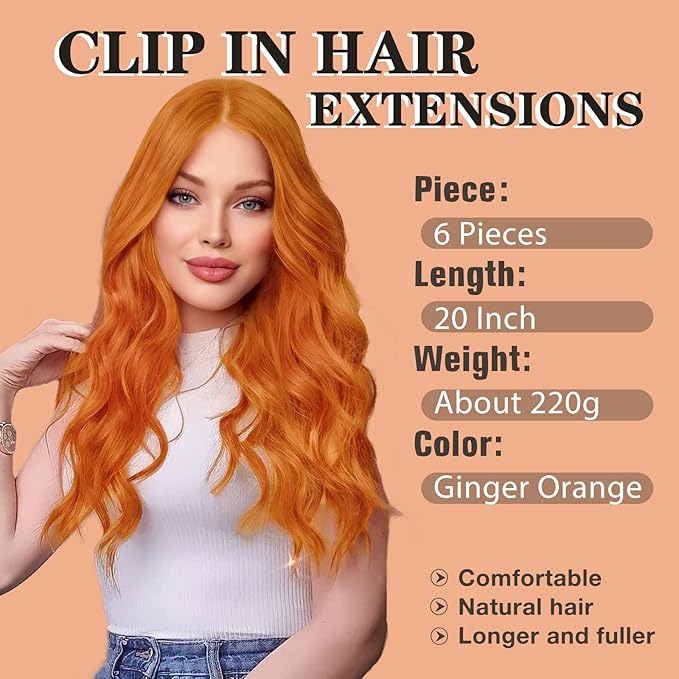 NAYOO Clip in Hair Extensions for Women 20 Inch Long Wavy Curly Ginger Orange Hairpieces Full Head Synthetic Hair Hairpieces (6PCS, Ginger Orange)
