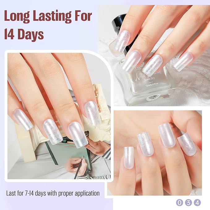Pearl White Iridescent Nail Polish 15ml - Aurora Mermaid & Unicorn Glossy, Quick Dry Air Dry Long Lasting, Oil-Based Vegan Nail Art Polish - DIY at Home
