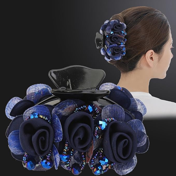 Elegant Rose Hair Clip, Navy Blue Floral Barrette with Rhinestones, Double Flower Design.hair accessories for women