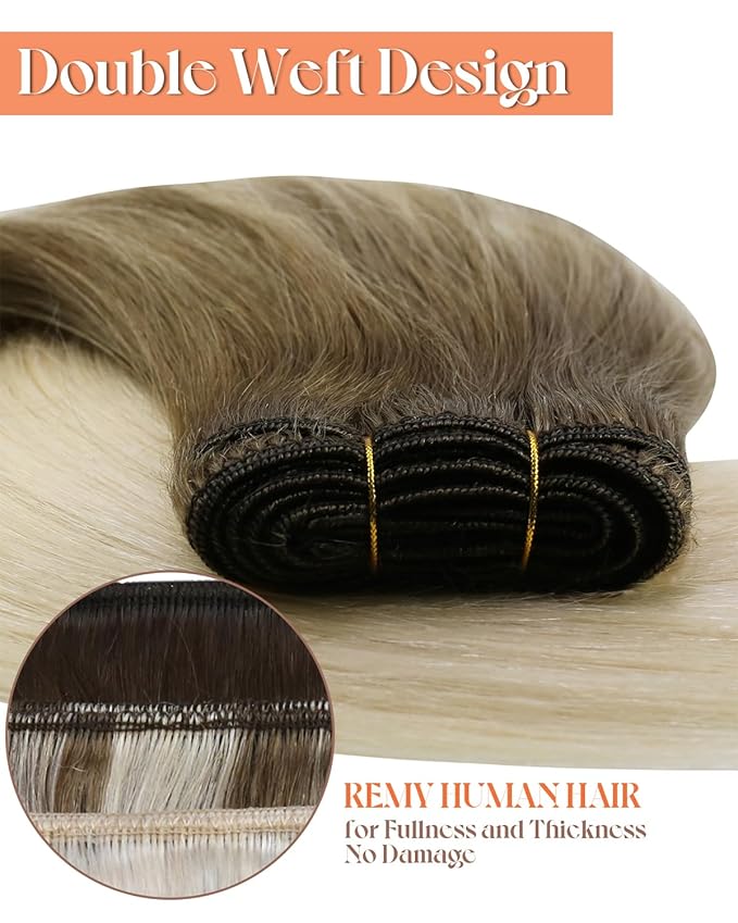 Sunny Hair Human Hair Extensions Sew in Ombre Blonde Weft Hair Extensions Human Hair Light Brown Roots to Platinum Blonde Hair Extensions Sew in Real Human Hair Bundle for Short Hair 14inch 70g
