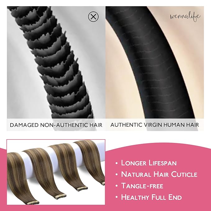 WENNALIFE Tape in Hair Extensions, Human Hair Balayage Chocolate Brown to Caramel Blonde, 10pcs 30g 22 inch Remy Invisible Tape Ins Straight Soft Real Human Hair Extensions