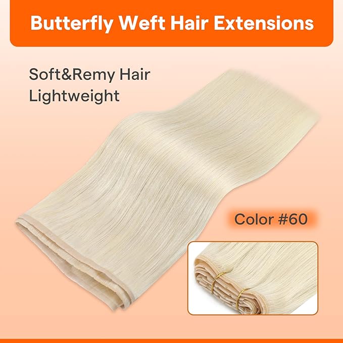 Full Shine Butterfly Weft Hair Extensions Human Hair Invisible Pu Hole Weft Extensions 20 Inch Color Platinum Blonde Genius Weft Extensions Straight Hair Weave Bundles 100G