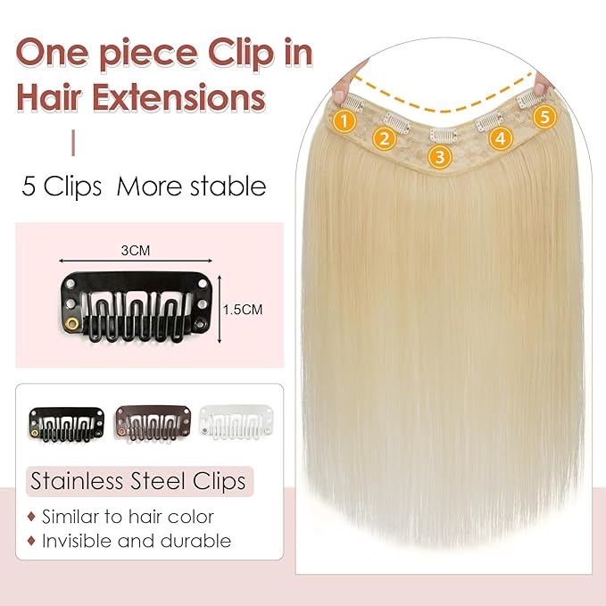 Benehair One Piece 5 Clips in Hair Extensions Human Hair 3/4 Full Head V Shaped Weft Thick Lace Net For Women (12"-55g #60 Platinum Blonde)