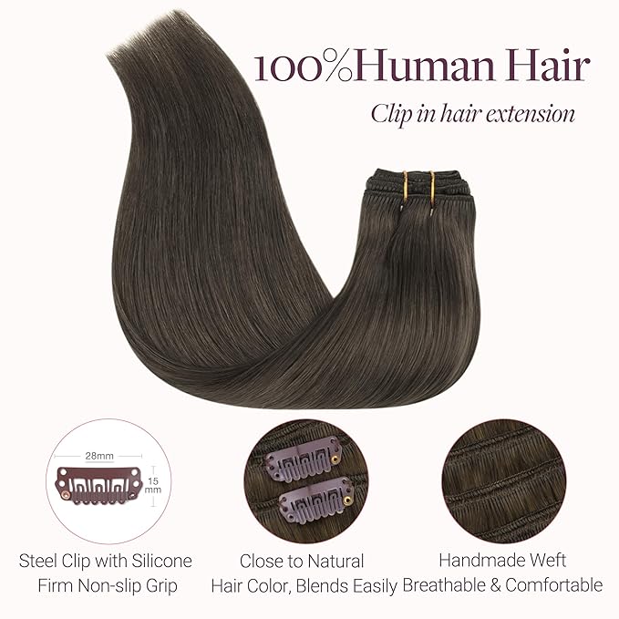 GOO GOO Clip in Hair Extensions Real Human Hair, Remy Human Hair Extensions Clip ins for Women, Natural Human Hair, 14inch 150g 9Pcs, 1C Mocha Brown