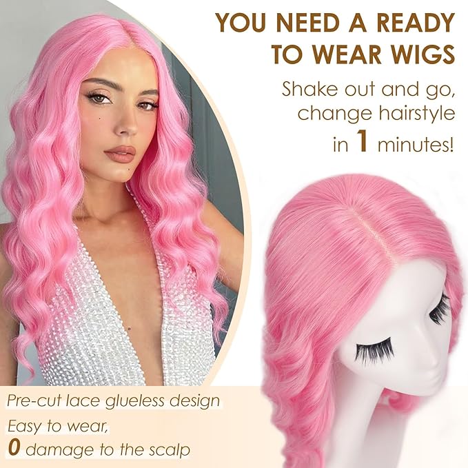 AISI HAIR Pink Wig for Women Medium Length Wave Curly Glueless Synthetic Heat Resistant Hair Wigs for Daily Party Cosplay