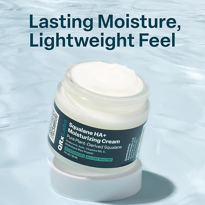QRxLabs Plant-Based Squalane Face Moisturizer - Hyaluronic Acid Hydrating Cream - Moisturizing Face Cream Vitamin B5 & Rice Protein - Silicone-Free Cruelty-Free Body Moisturizer - 2 Fl Oz