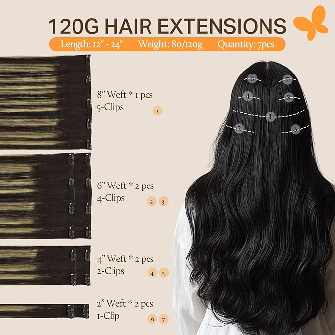 DOORES Human Hair Clip in Extensions Balayage Natural Black to Light Blonde 24 Inch 7pcs 120g Real Clip in Human Hair Extensions Straight Remy Hair Extensions