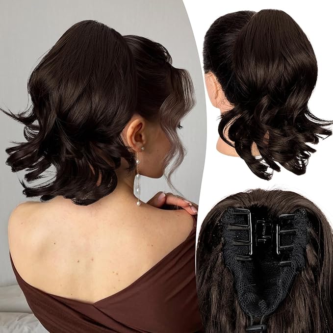 Ponytail Extension, 12inch Curly Wavy Ponytail Claw Clip Ponytail Extension Natural Looking Soft Synthetic Clip on Pony Tails Hairpiece for Women (Brown Black 6#)