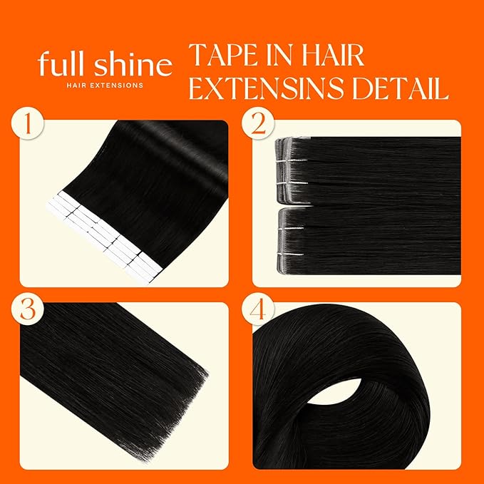 Full Shine Injection Tape in Hair Extensions Color 1 Black 20 Inch Seamless Injected Human Hair Intact Injection Tape in Extensions Straight Remy 20 Pcs 50 Grams Skin Weft Thick Ends for Daily