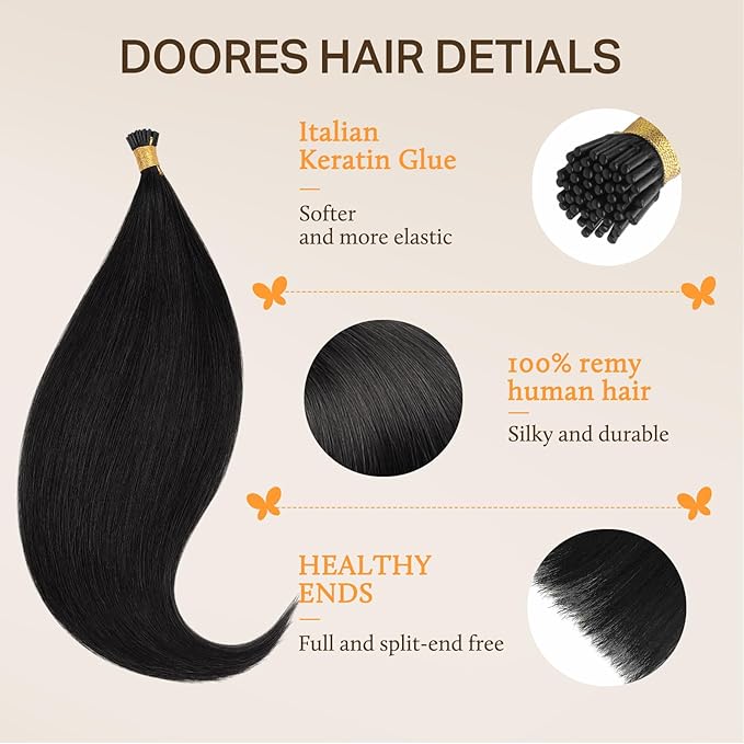 DOORES I Tip Hair Extensions Remy, Jet Black 50g/50s 24 Inch, Itip Human Natural Extensions for Women Cold Fusion Hair Silky Straight