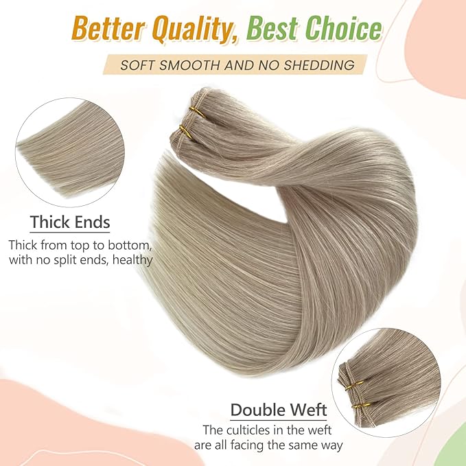 Sew in Hair Extensions Ice Blonde Human Hair Weft Extensions Hand Tied 20 Inch 100G Silky Straight White Blonde Weft Bundles Full Head Sew in Real Human Hair Hand Tied Wefts for Women