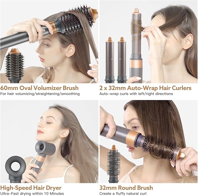 Hot Air Brush Hair Styler, 5 in 1 Hair Dryer Brush Auto Wrap Curlers Frizz-Free Styling Tool for All Hair Types Fast Drying, Curling, Smoothing, Volumizing & Straightening with Travel Storage Case