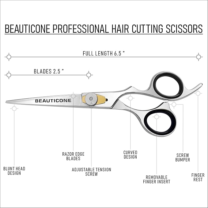 BEAUTICONE Hair Cutting Scissors | 6.5 Inch Professional Stainless Steel Barber Shears | Hairdressing Scissors | Smooth & Sharp Edge Blades - for Men/Women (Silver)