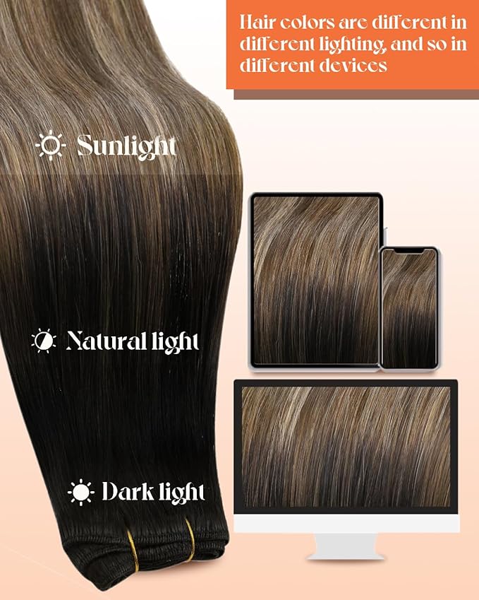 Sunny Hair Sew in Hair Extensions Real Human Hair Ombre Weft Hair Extensions Human Hair Black Roots to Dark Brown Balayage Blonde Sew in Human Hair Bundles Short Hair 12inch 70g