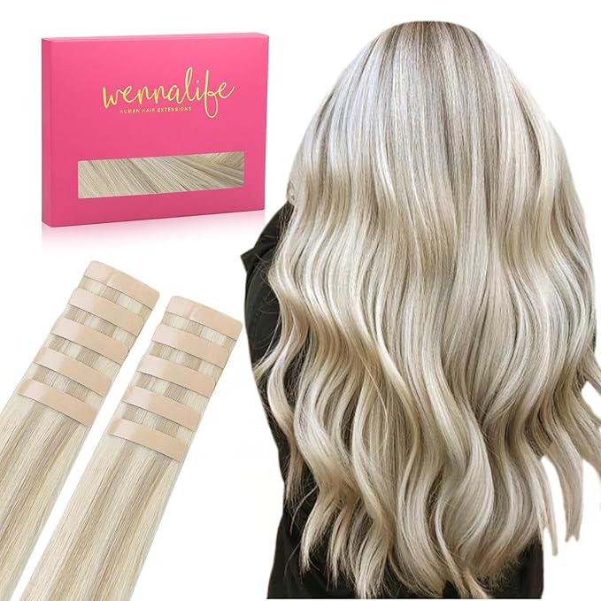 WENNALIFE Tape in Hair Extensions Human Hair Ash Blonde Highlighted Platinum Blonde Tape in Extensions, 10pcs 30g 24 inch Remy Invisible Tape Ins Straight Soft Real