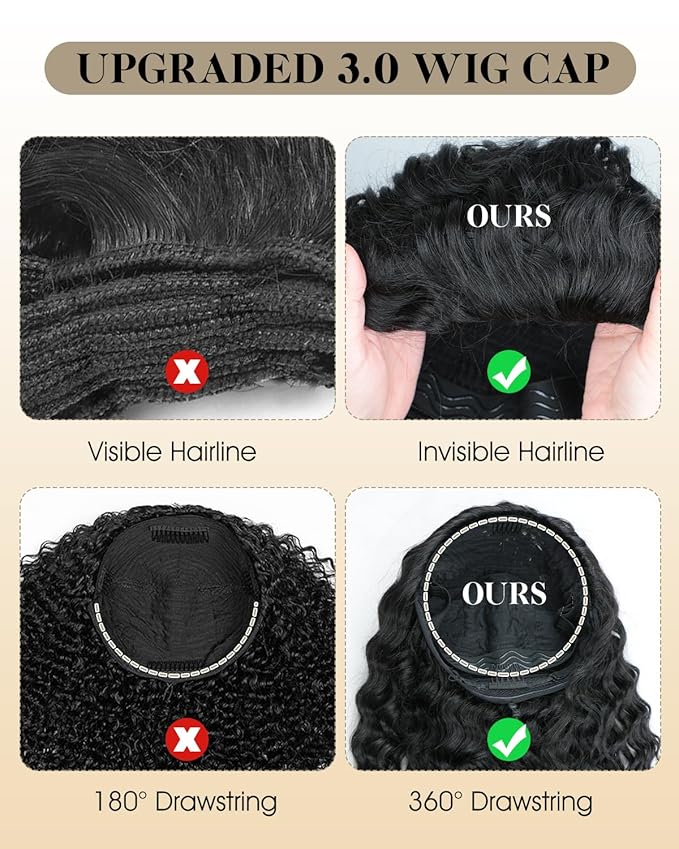 Deep Wave Half Wig Human Hair 200% Density 3 in 1 Half Wig for Women Invisible Hairline Glueless Beginner Friendly Drawstring Seamless Flip Headband Wig Wear & Go 28 Inch