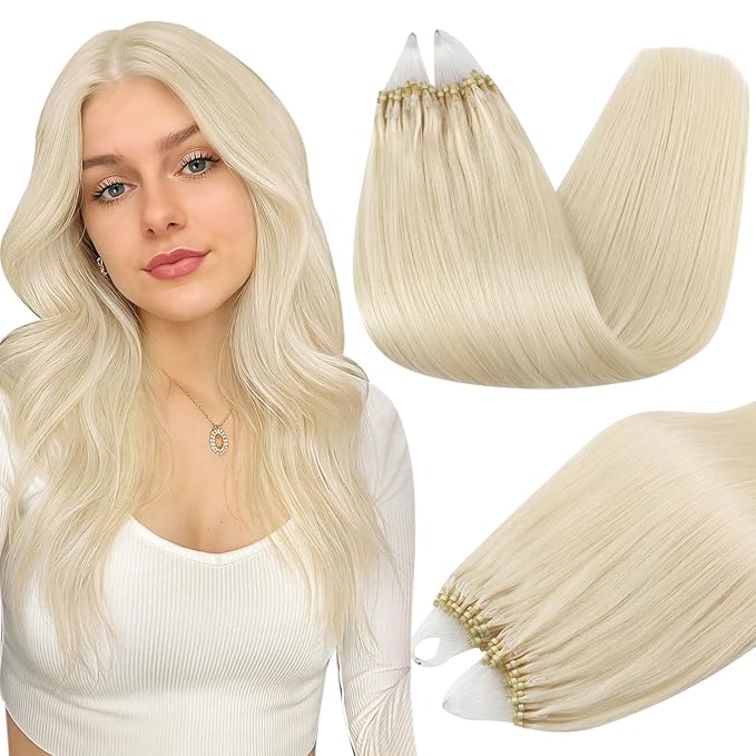 Full Shine Micro Link Hair Extensions 24 Inch Long Straight Remy Human Hair Color 60 Platinum Blonde Prebonded Microloop Extensions 50G with 7G Micro Beads add Length