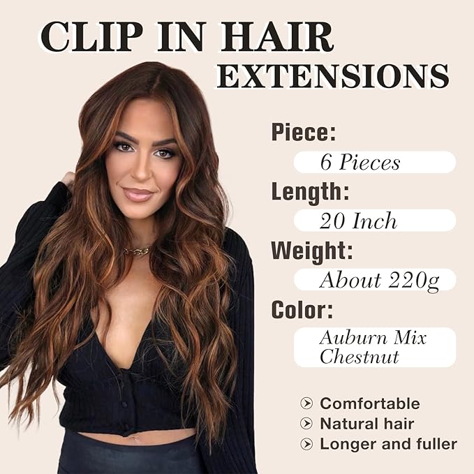 NAYOO Clip in Hair Extensions for Women 20 Inch Long Wavy Curly Auburn Mix Chestnut Hairpieces Full Head Synthetic Hair Hairpieces(6PCS,Auburn Mix Chestnut)