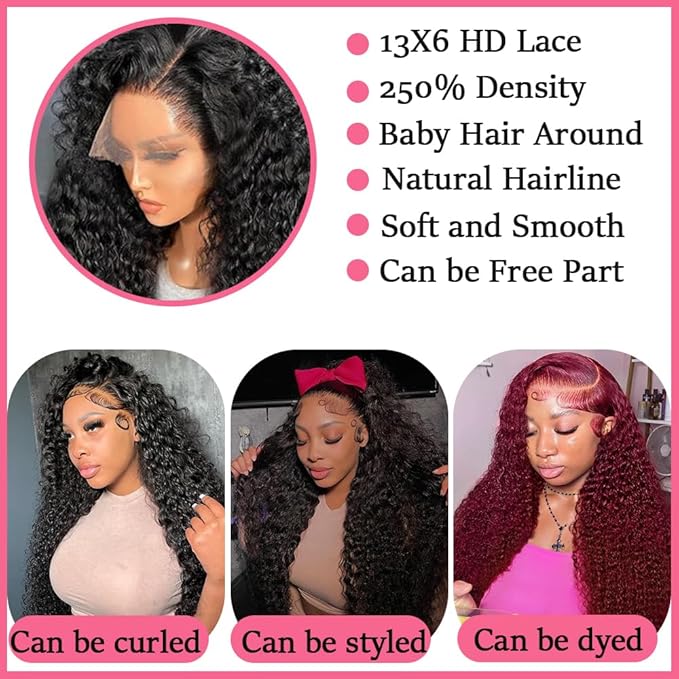 22 Inch 250% Density 13x6 Deep Wave Lace Front Wigs Human Hair Curly HD Lace Front Human Hair Wig Pre Plucked 100% Real Human Hair No Synthetic Blend No Tangle No Shedding Triple Lifespan 3X