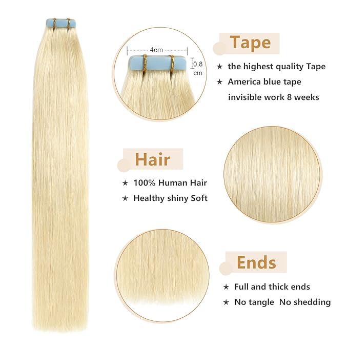 YILITE Tape in Hair Extension Platinum Blonde Color 60 Brazilian Remy Human Hair Tape ins 20 Inch Seamless Pu Tape in Hair 50g 20 Pcs Salon Quality Soft Human Hair(20inches #60)