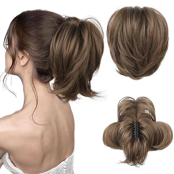 HOOJIH Messy Bun Hair Piece, Claw Clip in Straight Hair Bun 9 Inch Short Ponytail Extension with Bendable Metal Wire Hair Pieces for Women Fake Hair Bun DIY Styles - Ginger Medium Brown