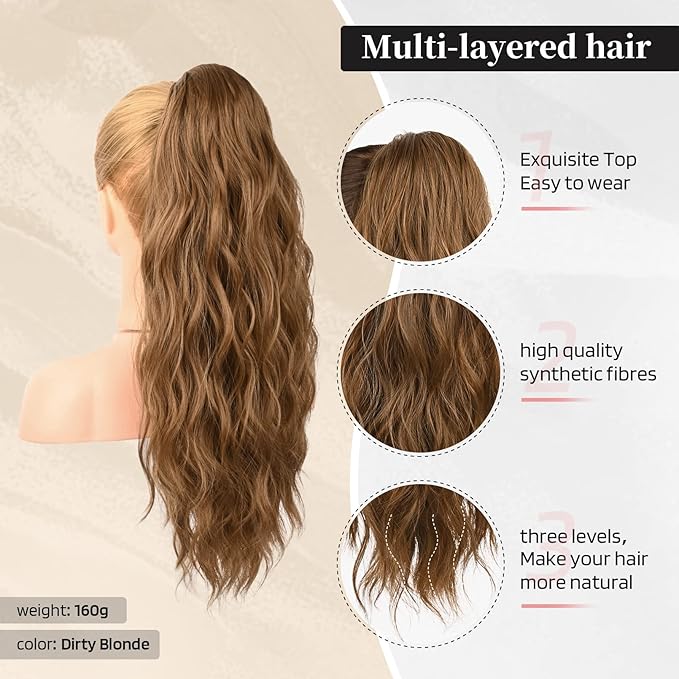 Flufymooz Ponytail Extension, 22 Inch Drawstring Ponytail Hair Extensions for Women， Long Curly Wavy Pony Tail Natural Wavy Synthetic Hairpiece for Women Daily Use party (22 Inch Dirty Blonde)