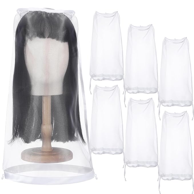 Loopeer 6 Pcs Wig Storage Bags Adjustable Wig Bag with Drawstring Portable Travel Organizer for keep from Dirt Dust(White)