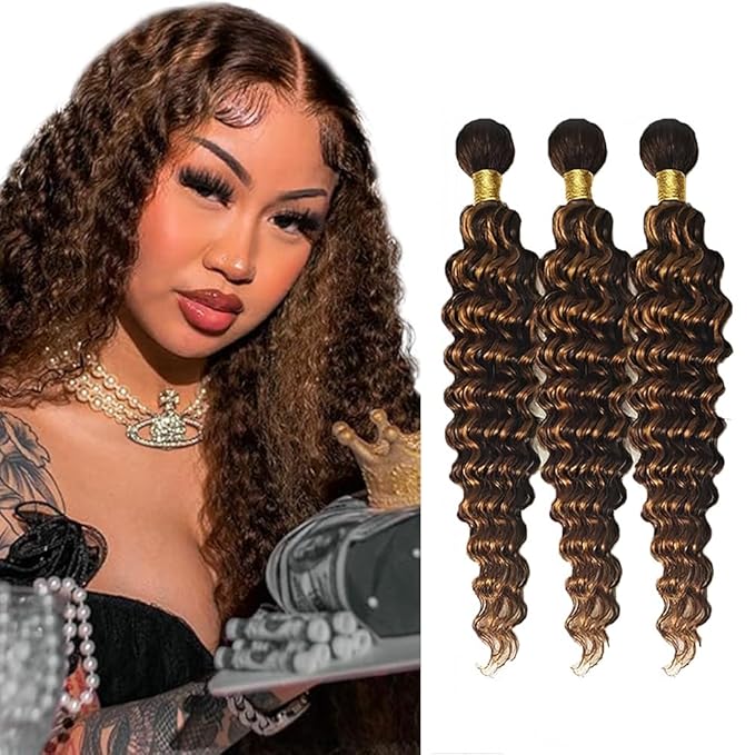 30 32 34 inch Highlight Bundles Human Hair Brown Deep Wave Bundles P430 Human Hair Bundle 2 Tone #4 and #30 Color 150g