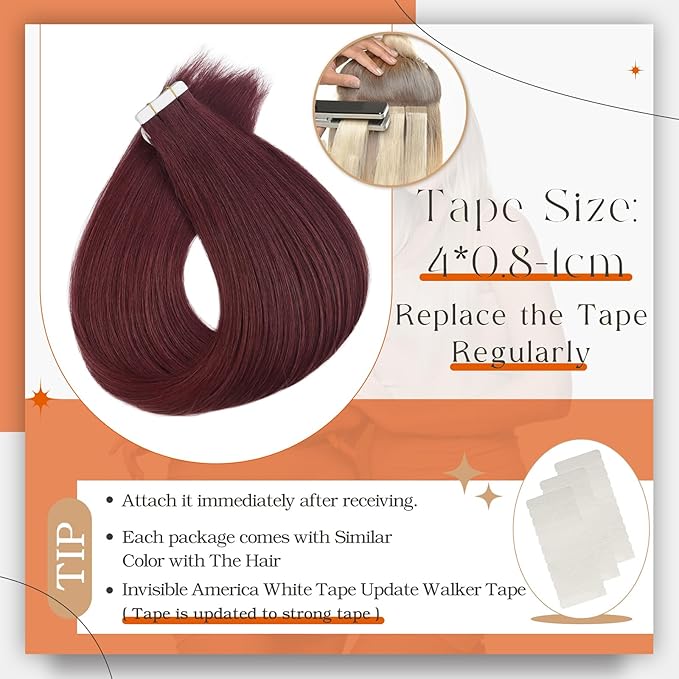 Full Shine Wine Red 99J Tape in Hair Extensions 14 Inch Hair Extensions Tape in Seamless Skin Weft Glue in Extensions Burgundy 50 Gram Hair Extension Human Hair 20 Pcs Straight Human Hair