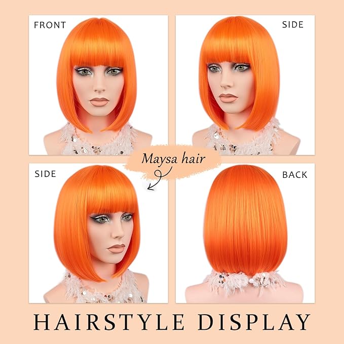 MAYSA Orange Bob Wig with Bangs for Women Short Straight Bob Wigs 12in Synthetic Cosplay Halloween Party Neon Wigs # Orange