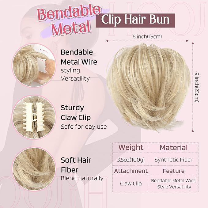 HOOJIH Ponytail Extension, Claw Clip in Straight Hair Bun Messy Bun 9 Inch Short Ponytail Extension with Bendable Metal Wire Hair Pieces for Women Fake Hair Bun - Blonde with White Highlights