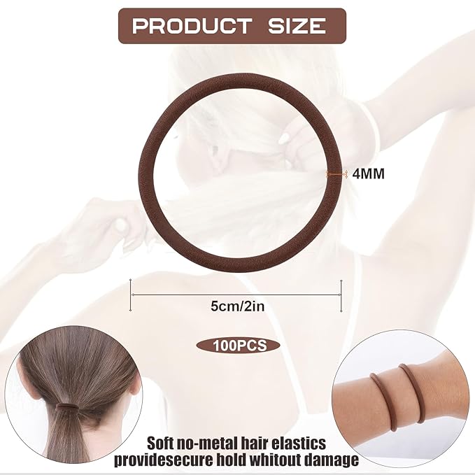 200PCS Womens Elastic Hair Tie, 4mm Hair Ties for Thick and Curly Hair Ponytail Holders Hair Elastic Band for Women or Men（Brown)